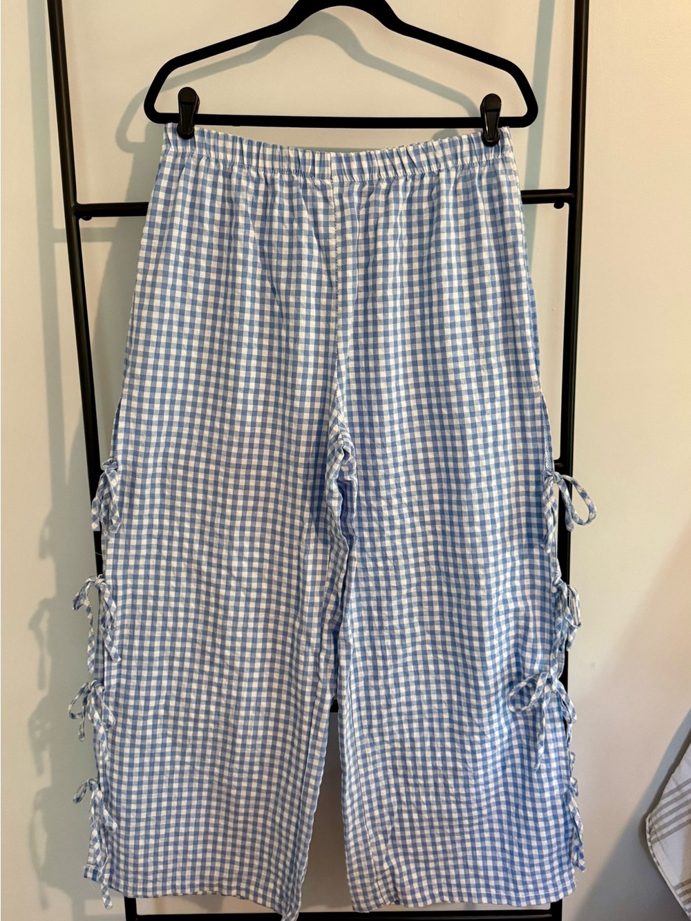 Blue and White Gingham Side-Tie Lounge Pants, XL